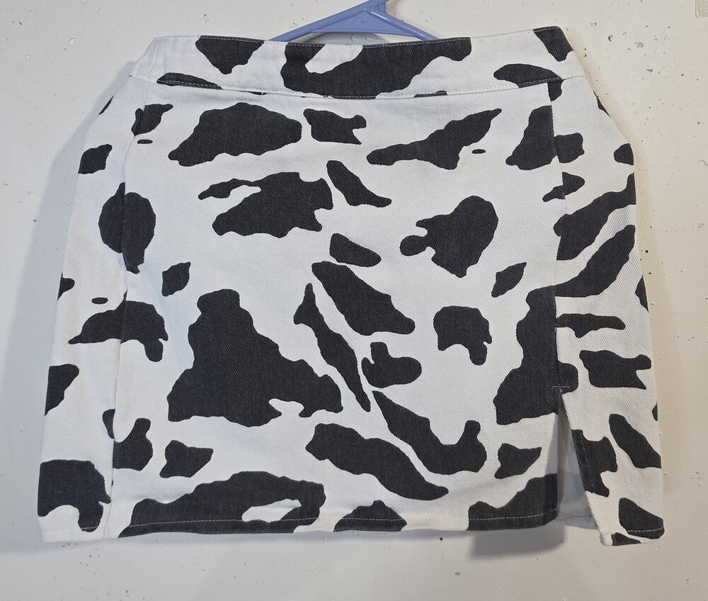 Le Lis S White Black Cow Animal Print Denim Pocket Short Mini Skirt Womens